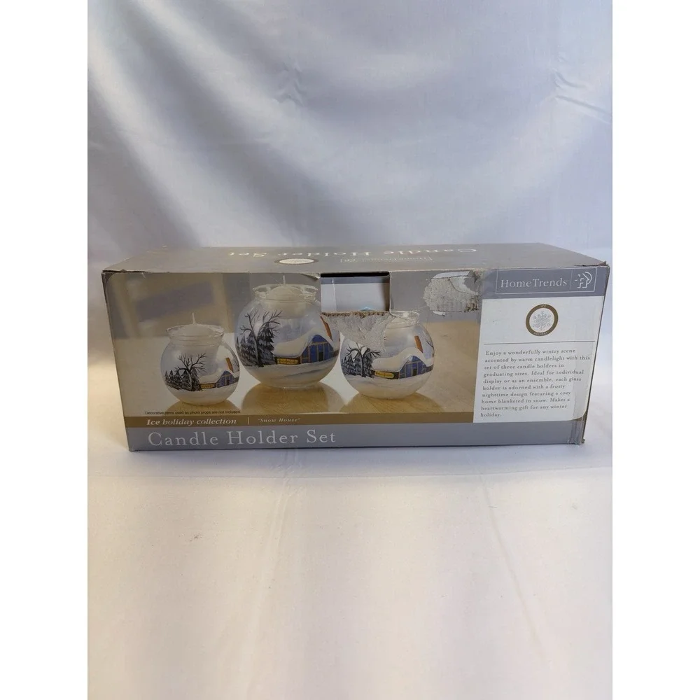 HomeTrends Set of 3 Glass Snow House Ice Holiday Votive Holders Winter with box